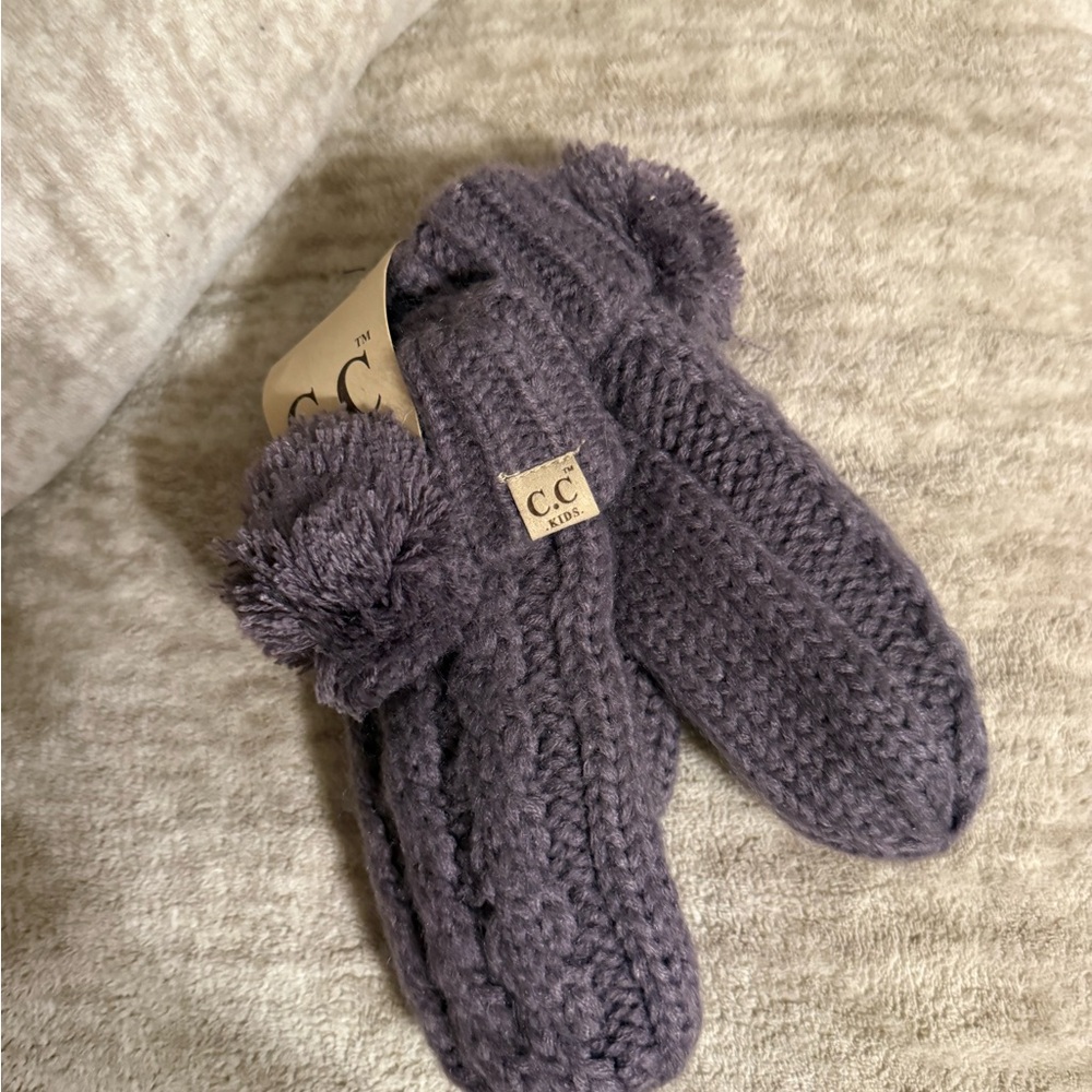 KIDS PURPLE C.C Knit Mittens with Pom Poms